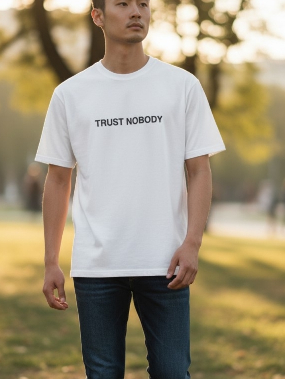 NWOT Men's White Crewneck Tee with 'TRUST NOBODY' Print Unisex Size M